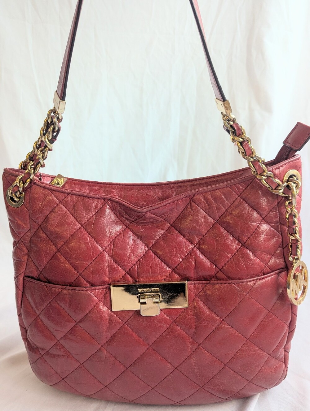 Michael Kors Susannah Red Quilted Leather Push Lock Chain Strap Shoulder Bag